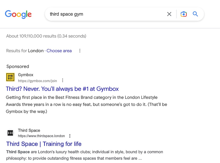 Screenshot shows use of Google Ads to bid on competitor brand name and display a humorous ad.
