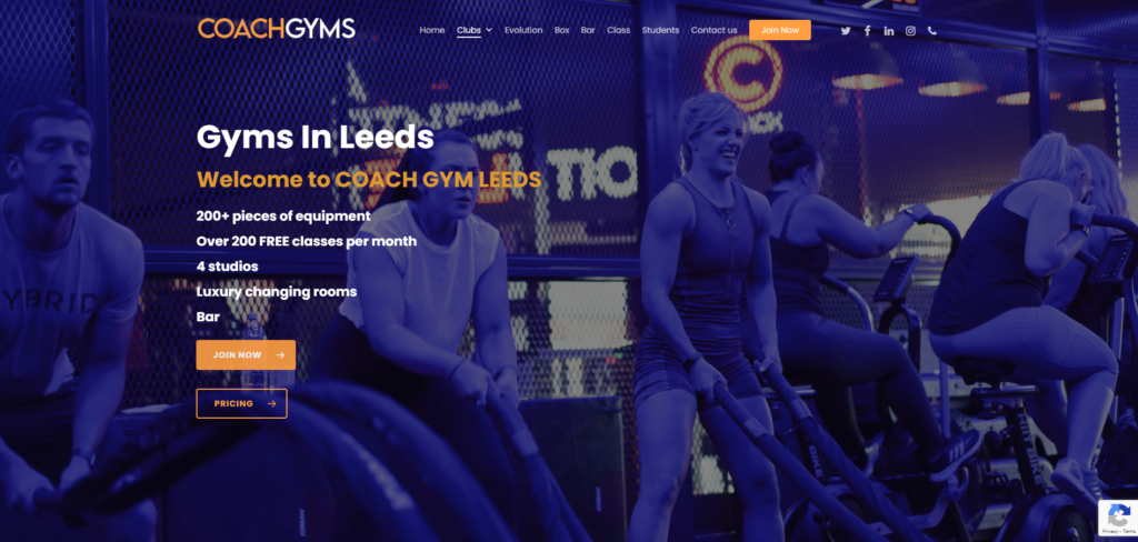 Example of gym marketing UK from Coach Gyms. Screenshot shows branding in action on the Coach Gyms website.