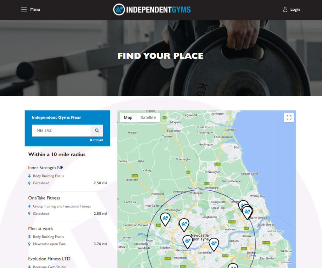 Screenshot shows an example of a directory that’s specialised for fitness businesses. This example is the Independent Gyms UK & Ireland gyms directory.