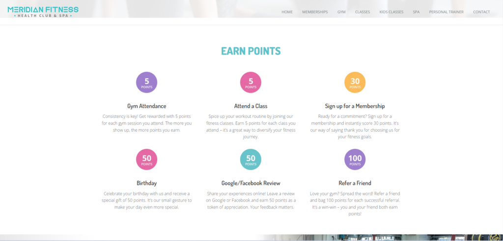 Screenshot shows loyalty programme on Meridian Fitness website.