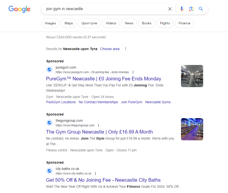 Screenshot shows how ads show up when searching for the term ‘join gym in Newcastle’.
