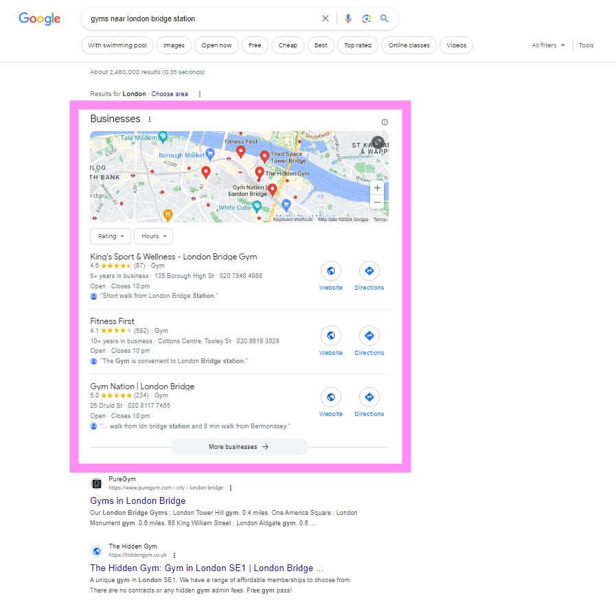 Screenshot shows where Google Business listings appear when ‘gyms near London Bridge station’ is searched for.
