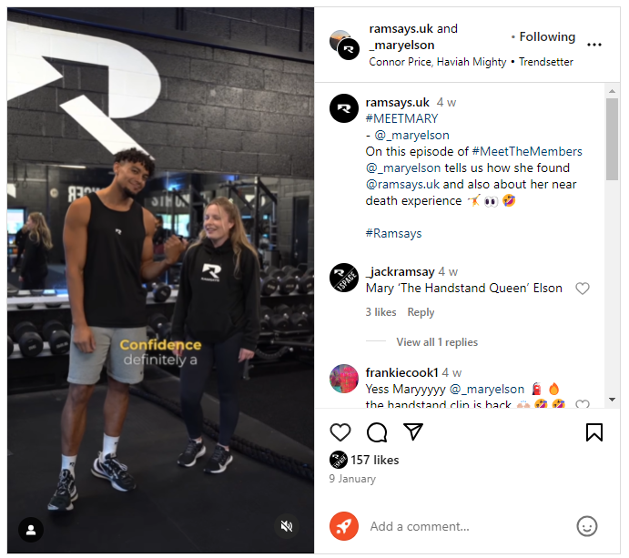 Example of gym marketing UK from Ramsays. Screenshot shows example of video marketing on Instagram by Ramsays.