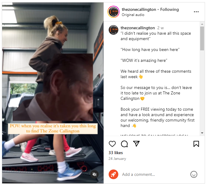 Example of gym marketing UK from The Zone Callington. Screenshot shows example of video marketing on Instagram by The Zone Callington.