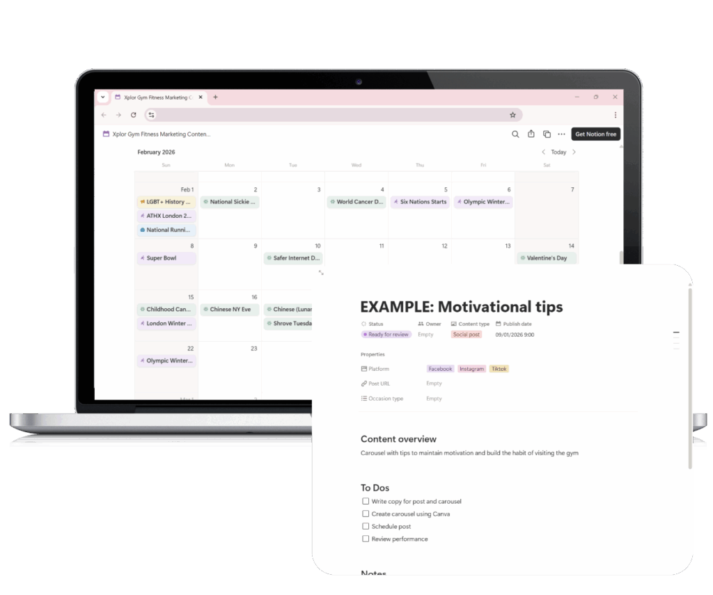 An image of the 2026 Fitness Marketing Content Calendar Template on a laptop device.