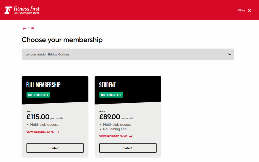 A screenshot showing gym membership prices at Fitness First London Bridge Cottons on 2 June 2025. Cost remains the same as of 5 January 2026