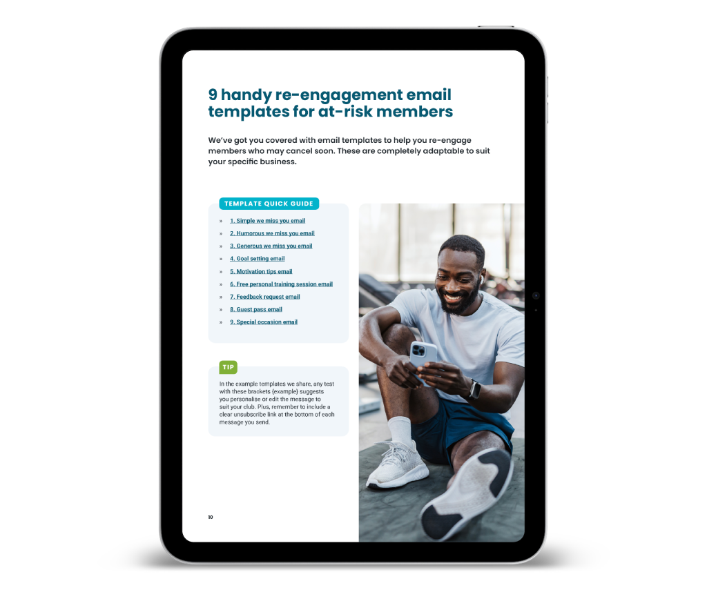 An image of a page from the re-engaging at-risk gym members playbook on a tablet device.