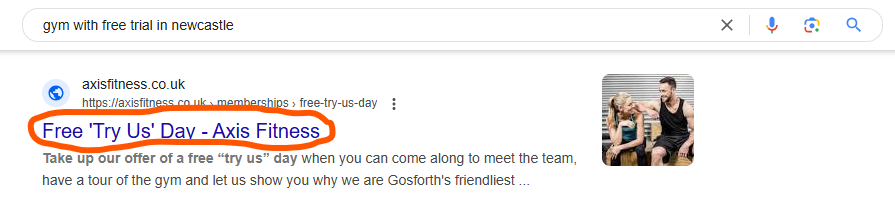 Example using a title tag for gym SEO