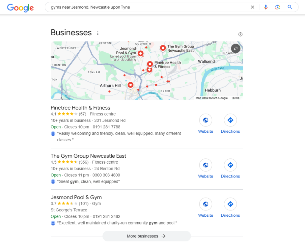 Example of how a Google Business Profile shows up in the local pack.