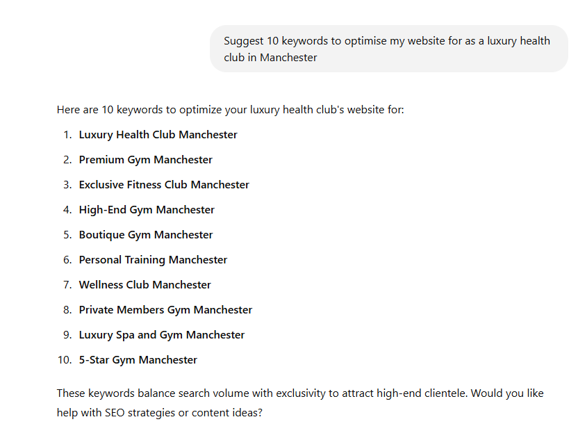 An example using ChatGPT to brainstorm SEO keywords for gyms