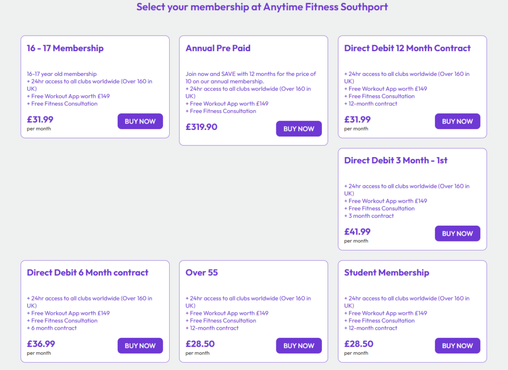 A screenshot showing the gym membership costs at Anytime Fitness Southport on 5 January 2026