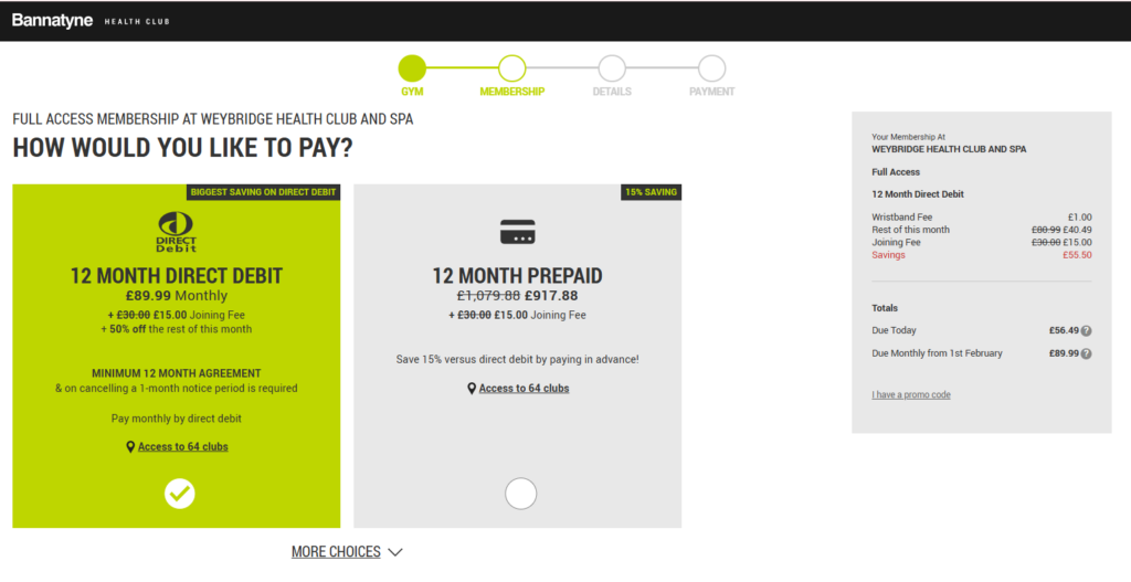 A screenshot showing gym membership prices at Bannatyne Weybridge Health Club And Spa on 5 January 2026