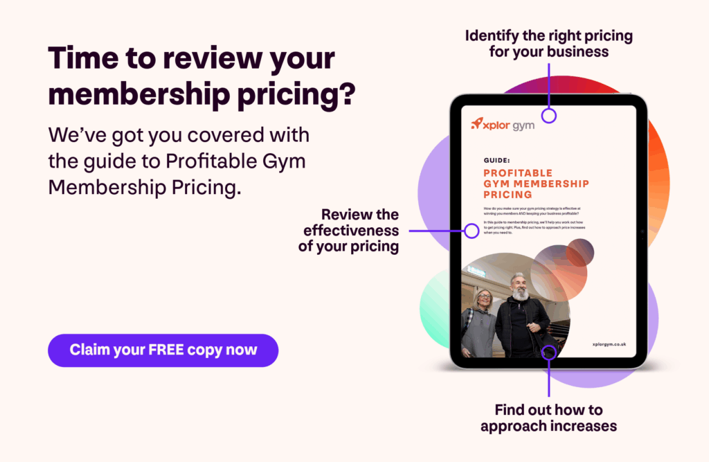 A graphic showing the Profitable Gym Membership Pricing Guide on an iPad. The banner says 'Time to review your membership pricing? We've got you covered with the guide to Profitable Gym Membership Pricing. Identify the right pricing for your business. Review the effectiveness of your pricing. Find out how to approach increases. Claim your FREE copy now."