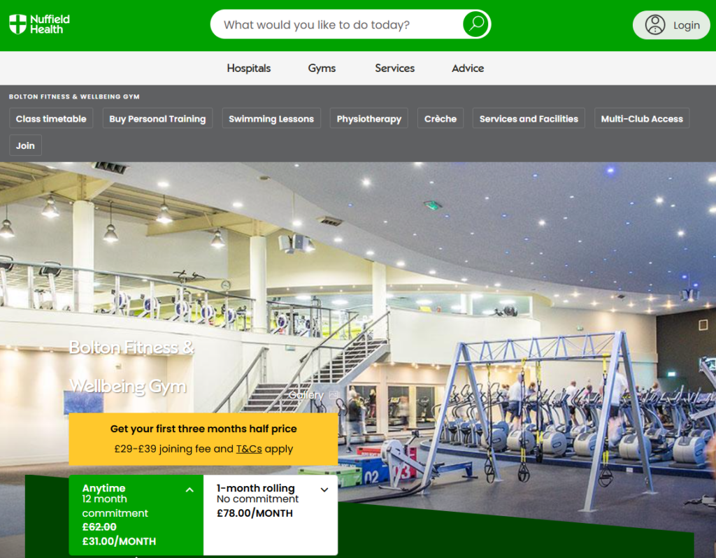 A screenshot showing that an anytime membership at Nuffield Bolton costs £31 a month for the first 3 months and then £62 a month for the remaining 9 months on 5 January 2026