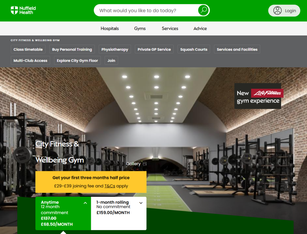 A screenshot showing that Nuffield Health City Fitness & Wellbeing Gym offers an anytime membership for £68.50 for the first 3 months rising to £137 for remaining months. Offer available as of 5 January 2025.