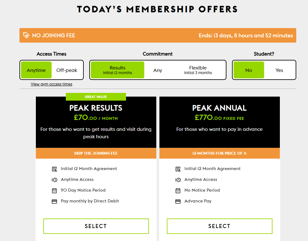 A screenshot showing gym membership prices at Village Gyms Farnborough on 5 January 2026