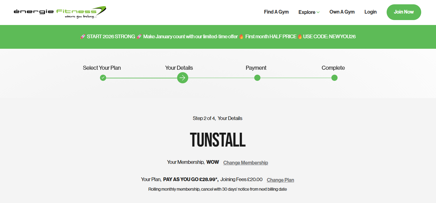 Gym membership cost at énergie Fitness Tunstall on 5 January 2026