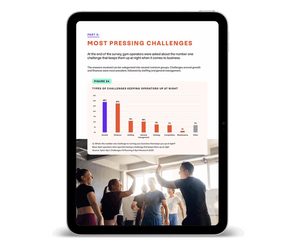 An image of a page from the Xplor Gym Multi-Country Gym Operator Insights Report 2025 on a tablet device.