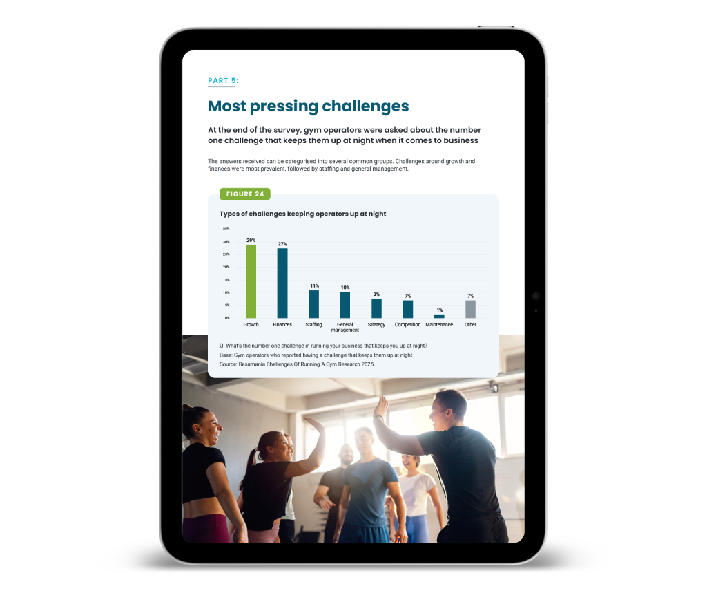 An image of a page from the Resamania Multi-Country Gym Operator Insights Report 2025 on a tablet device.