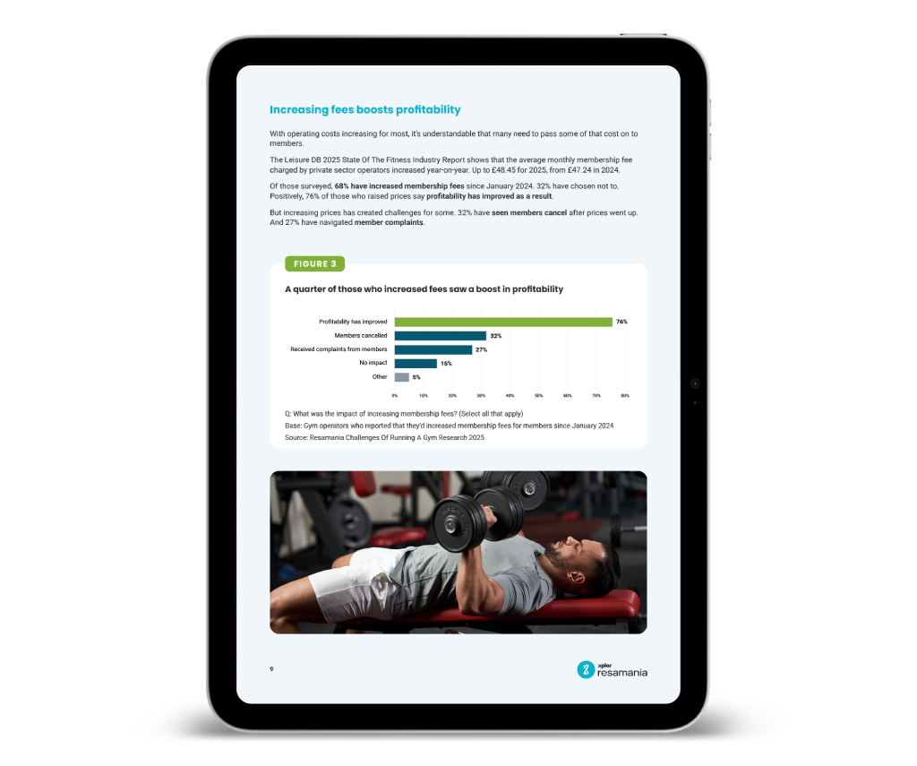 An image of a page from the Resamania UK Gym Operator Insights Report 2025 on a tablet device.