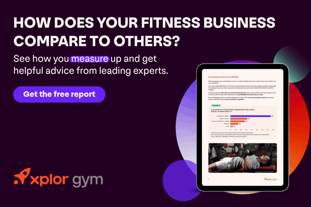 A banner promoting the UK Gym Operator Insights Report 2025. Text says: 'How does your fitness business compare to others? See how you measure up and get helpful advice from leading experts. Get the free report'